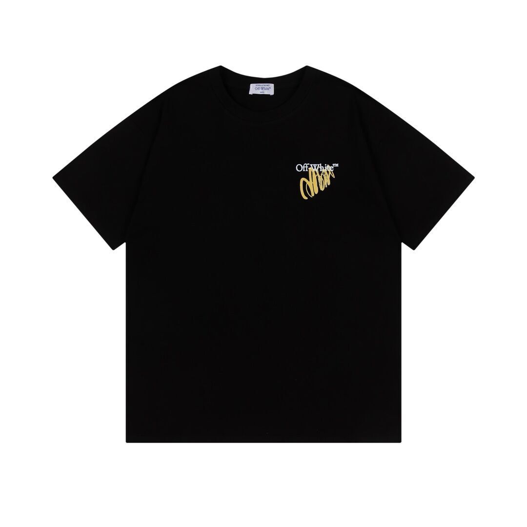 Off White White/Black T Shirt With Stylish Yellow Script Logo On Chest