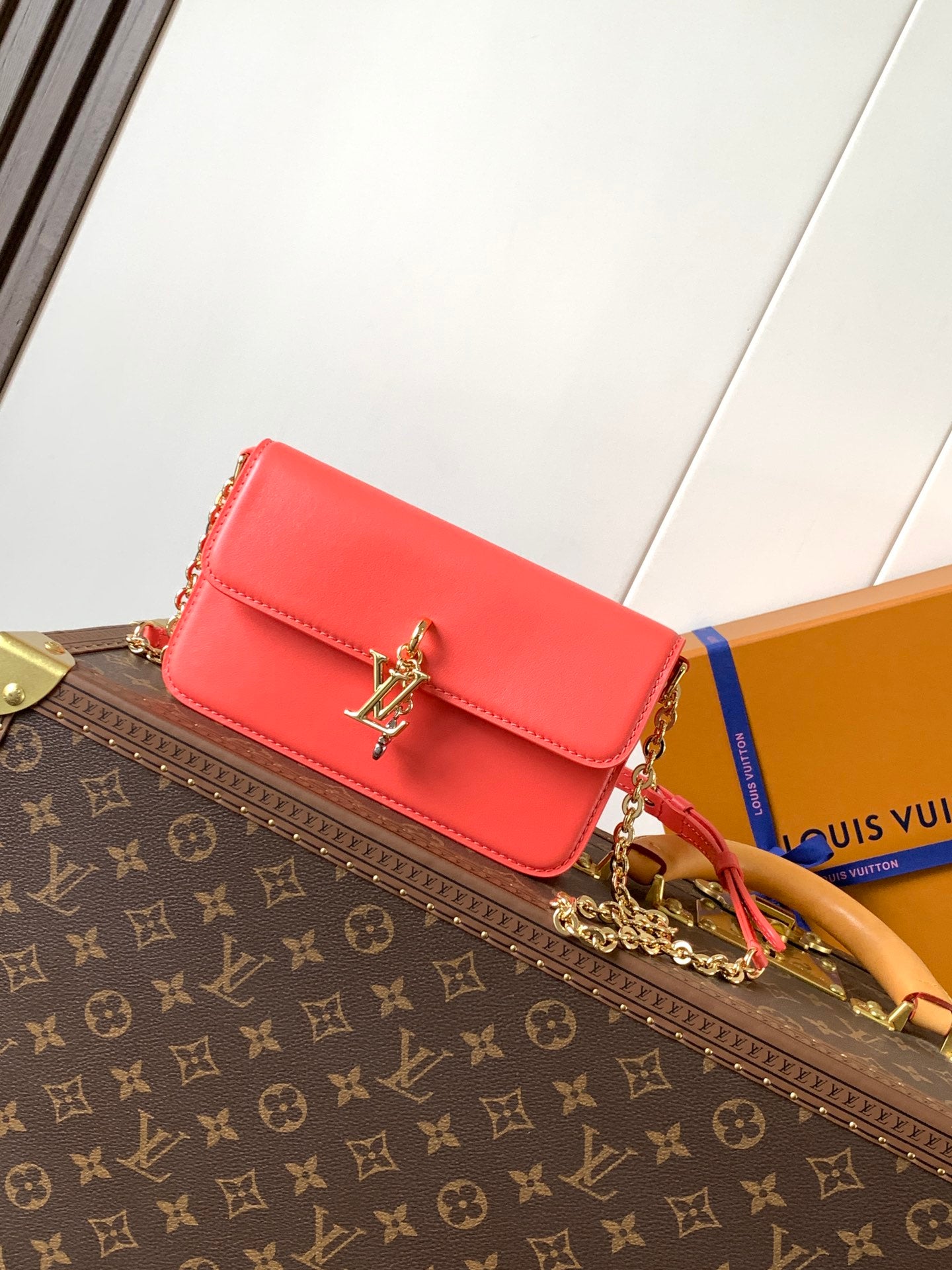 Stylish Louis Vuitton Leather Chain Bag With Gold LV Charm for Fashion Enthusiasts 4 colors available