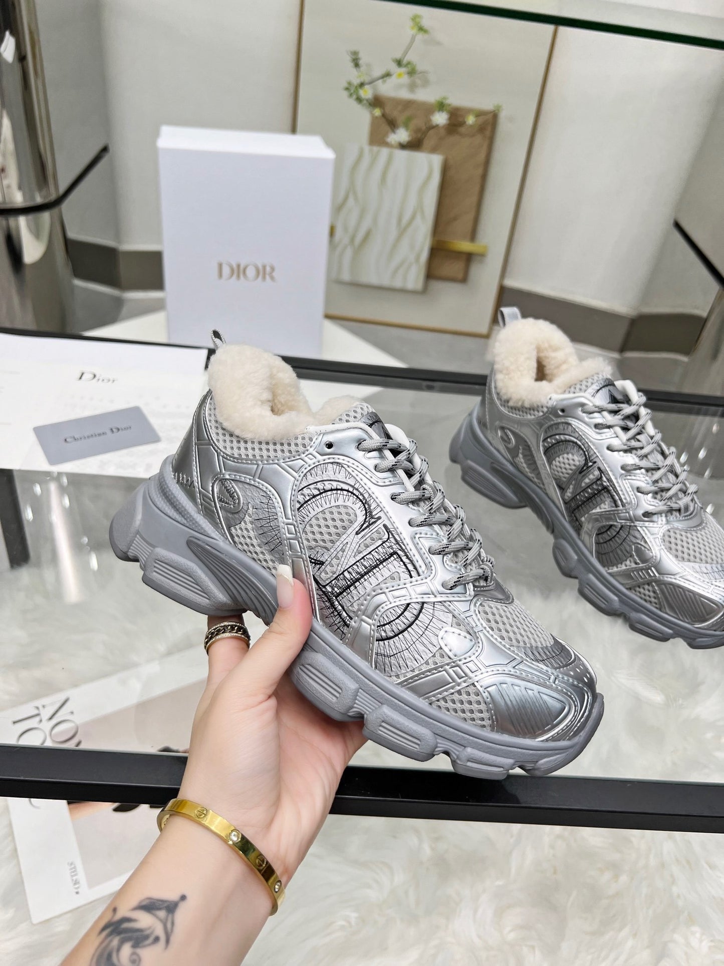 Women's Dior Silver Sneakers With Cozy Fleece Lining