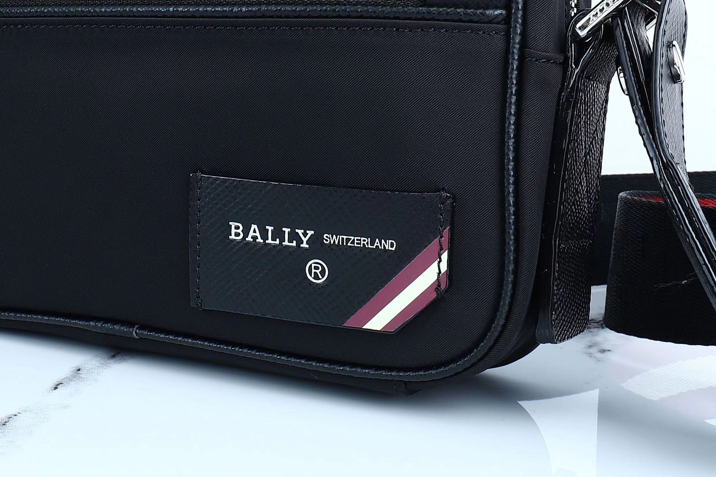 Black Bally Nylon Crossbody Bag With Striped Accent And Functional Zipper Pockets Style No.2114