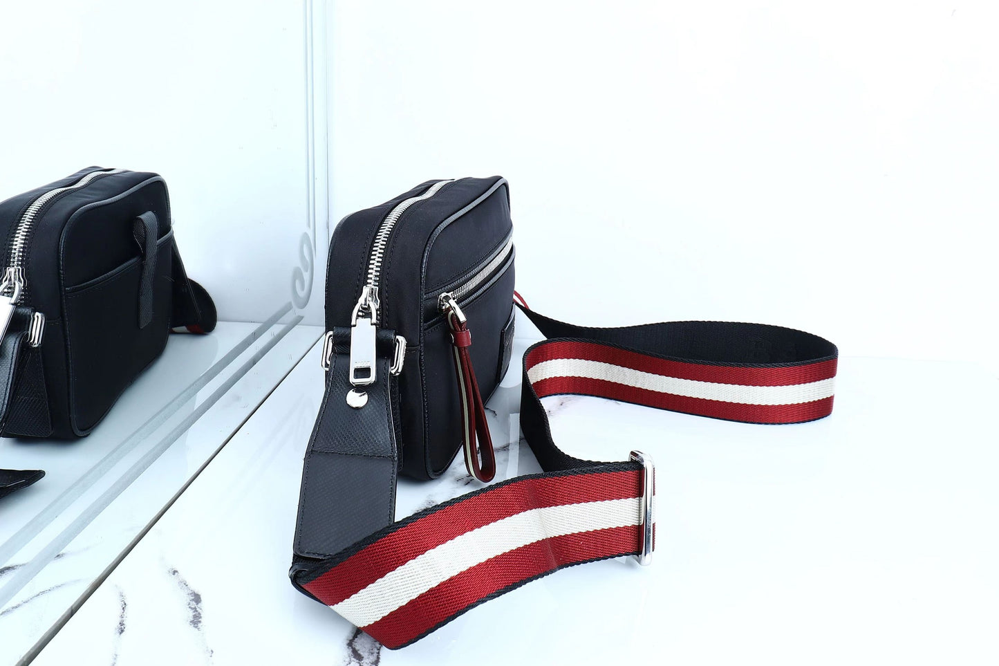 Black Bally Nylon Crossbody Bag With Striped Accent And Functional Zipper Pockets Style No.2114