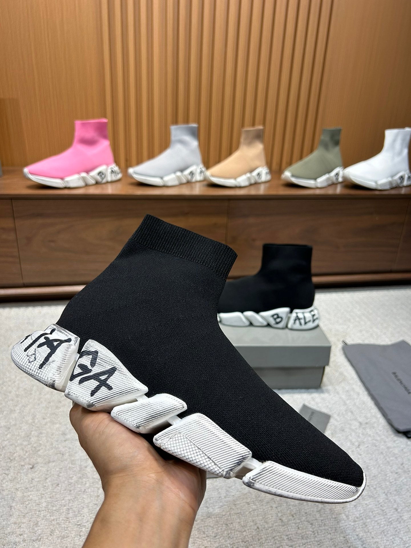 Balenciaga Unisex Black Sock Sneakers with Graffiti Sole for Fashion-forward Men and Women