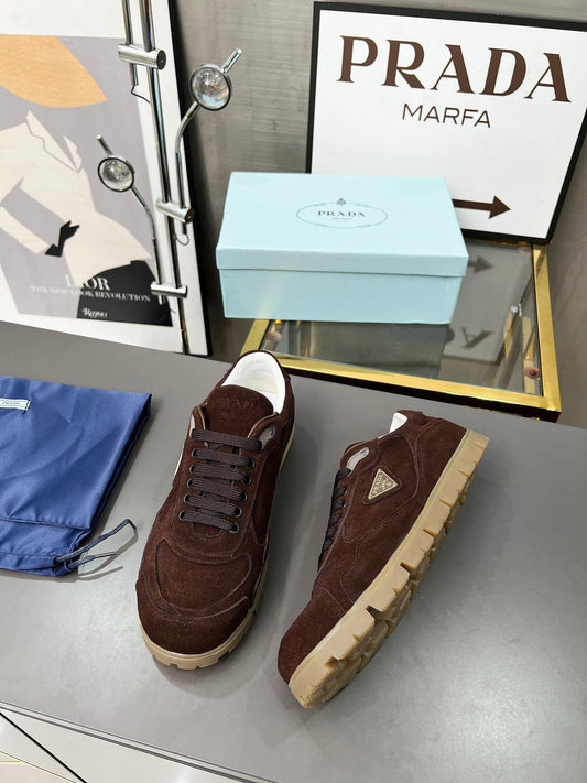 Prada Unisex Sneakers Triangle Logo Suede Luxury Sneakers