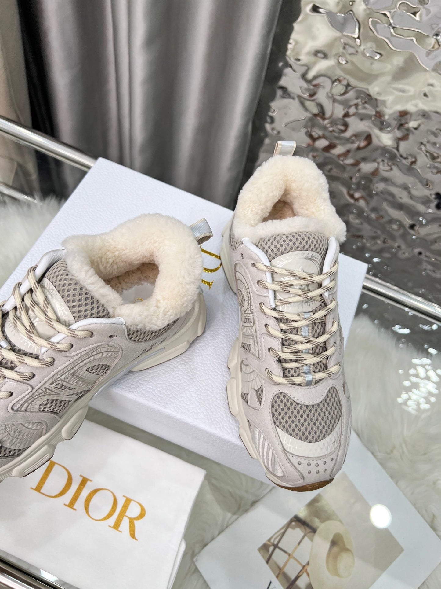 Women's Dior Beige Sneakers With Warm Fleece Lining