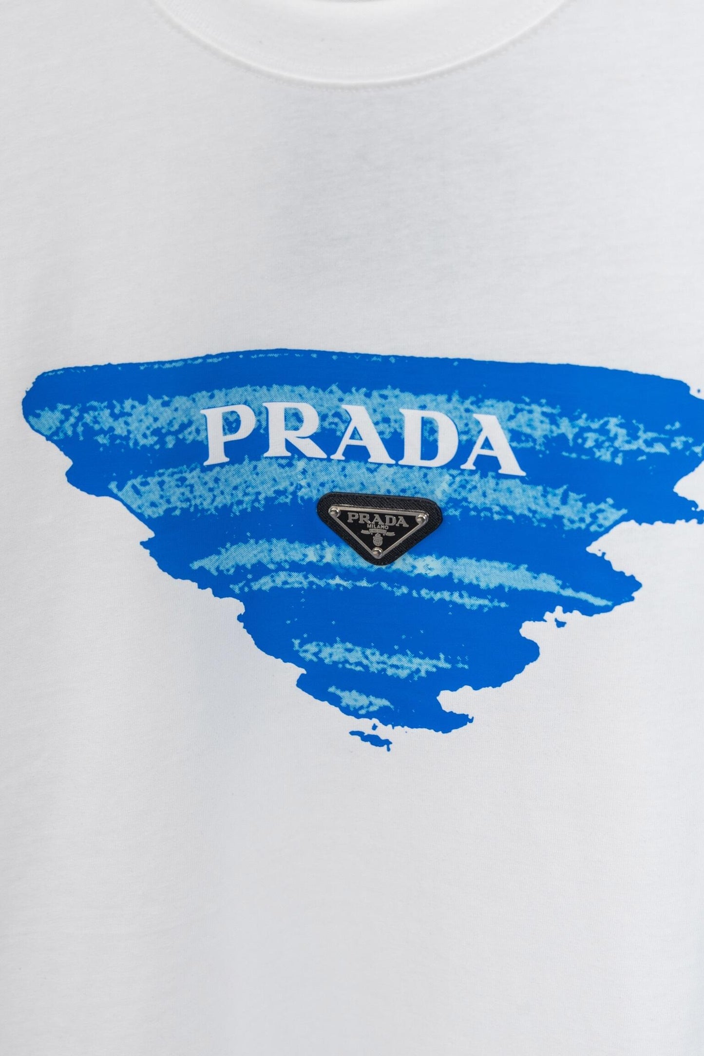 Prada White/Black Tee With Blue Graphic Logo For Modern Luxury Casual Looks