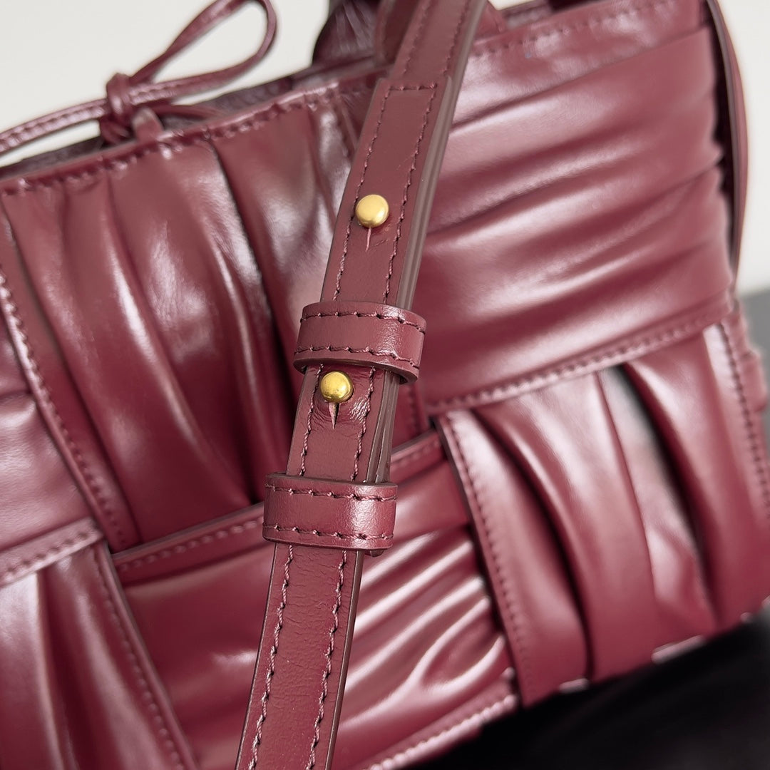 Bottega Veneta Burgundy Ruched Leather Tote Bag With Dual Handles And Adjustable Strap BV729042
