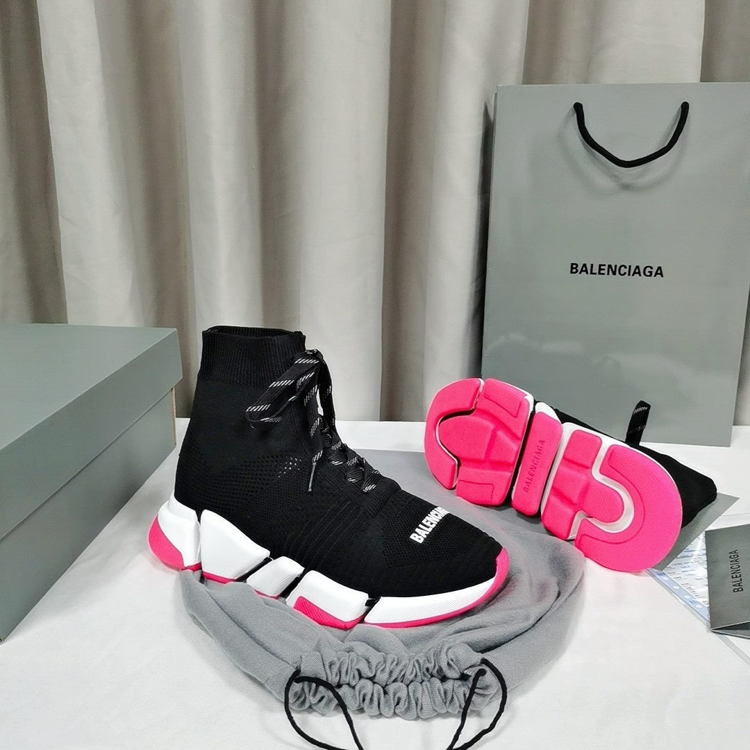 Balenciaga Unisex Black Pink Accent Lace-up Sock Sneakers Fashion Statement for Men and Women