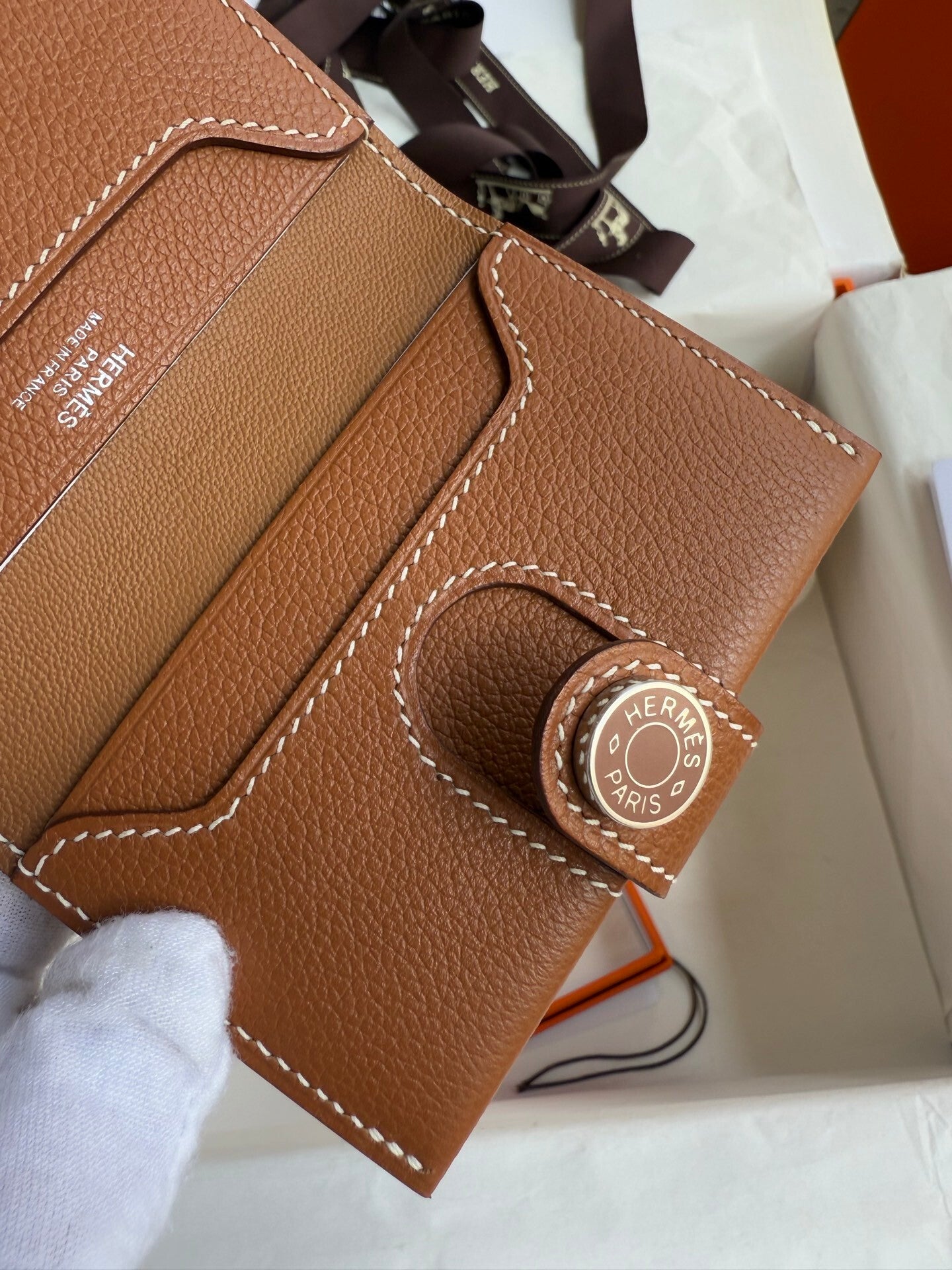 Hermes - Styled Brown Leather Wallet in Signature Orange Box with Button Closure 105-1