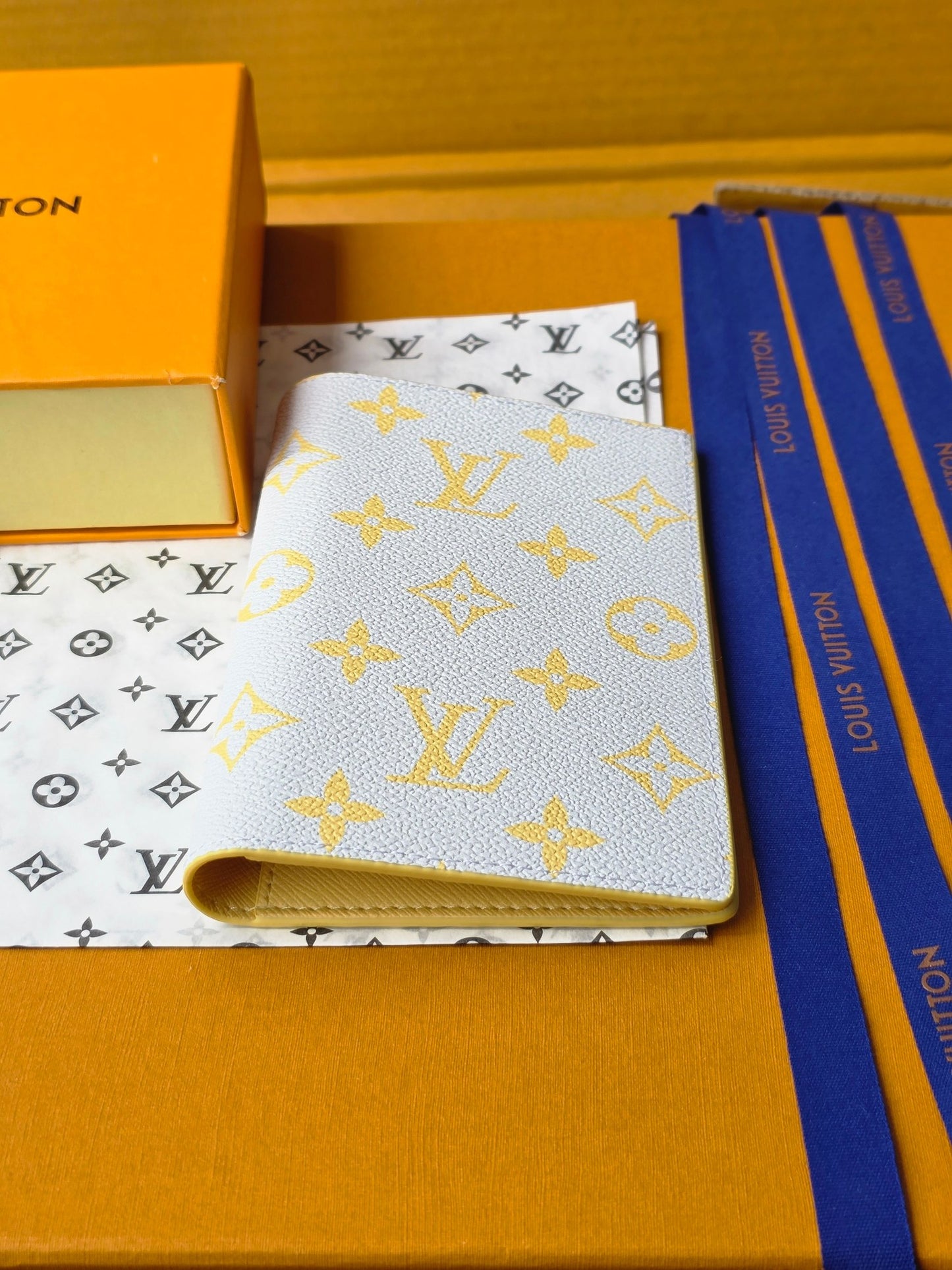 Stylish Louis Vuitton Light Blue Wallet With Gold Monogram And Yellow Trim M14770