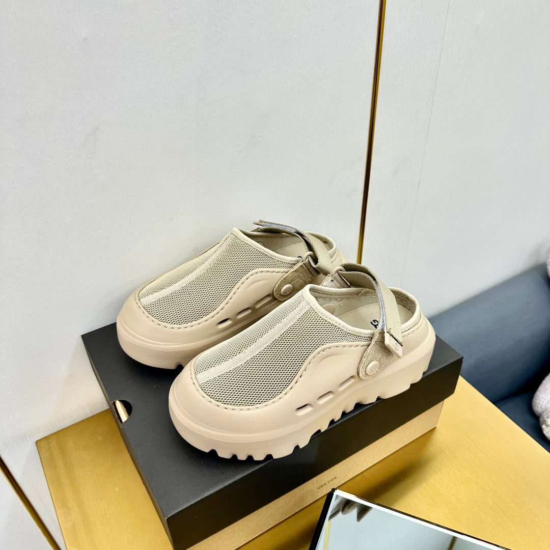 UGG Beige Mesh Clogs With Adjustable Strap For Casual Comfort