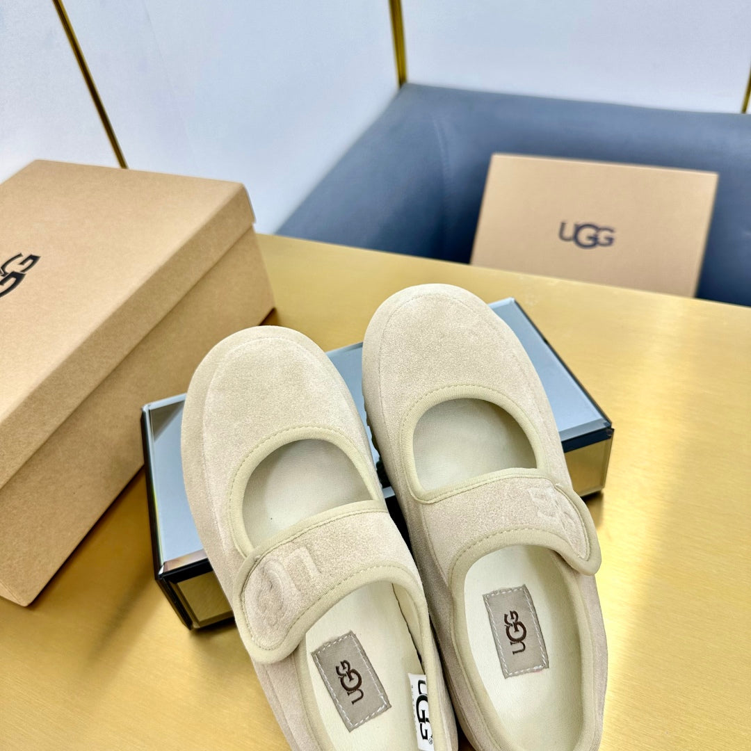 UGG Beige Suede Mary Jane Shoes With Logo Strap