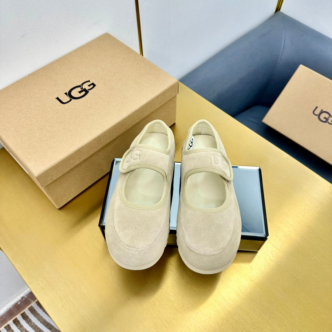 UGG Beige Suede Mary Jane Shoes With Logo Strap