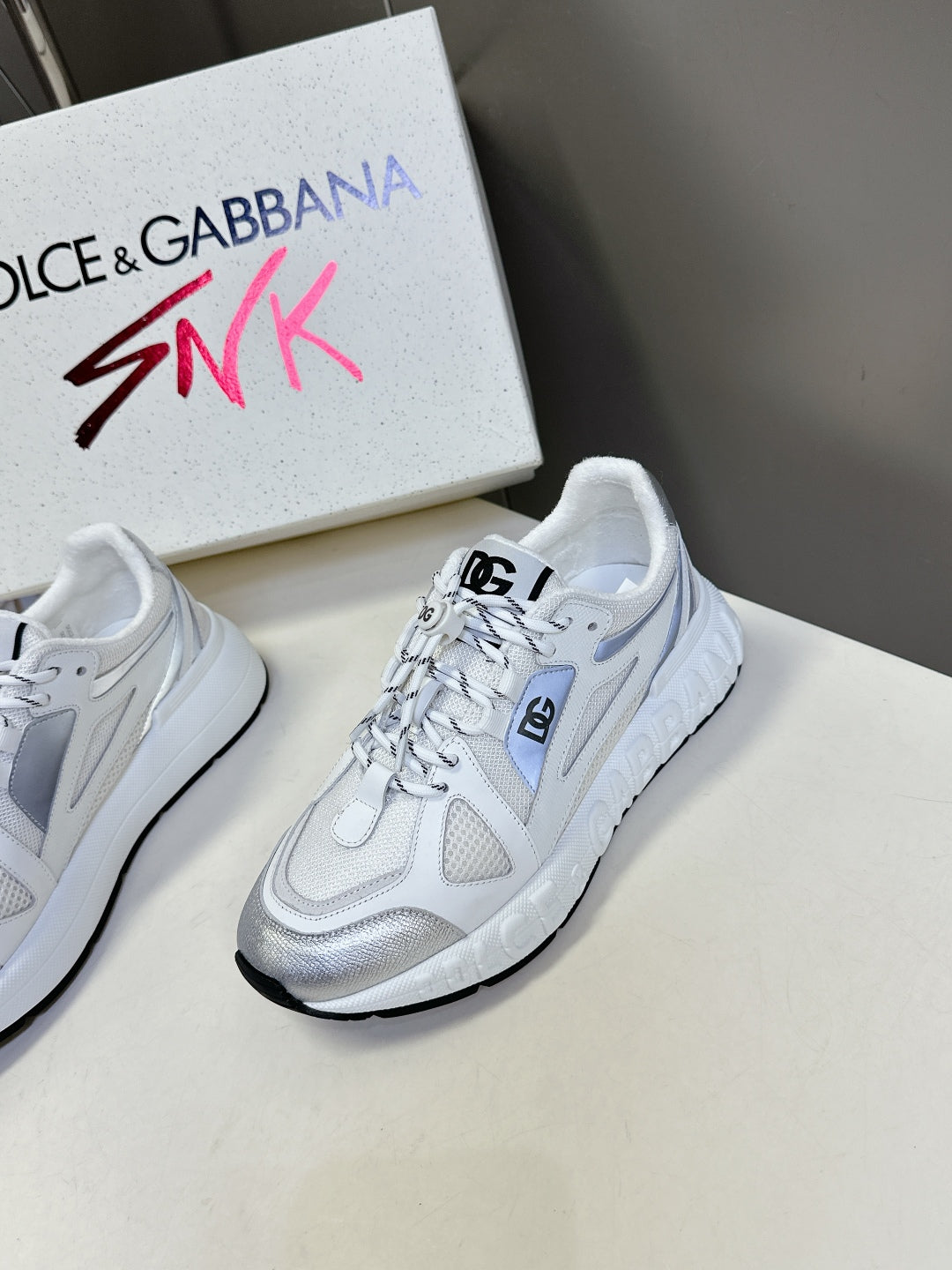 Dolce & Gabbana Unisex White And Silver Mesh Sneakers With Branding