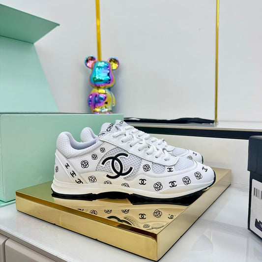 Chanel Silver - Toned Sneakers with Camellia and CC Logo