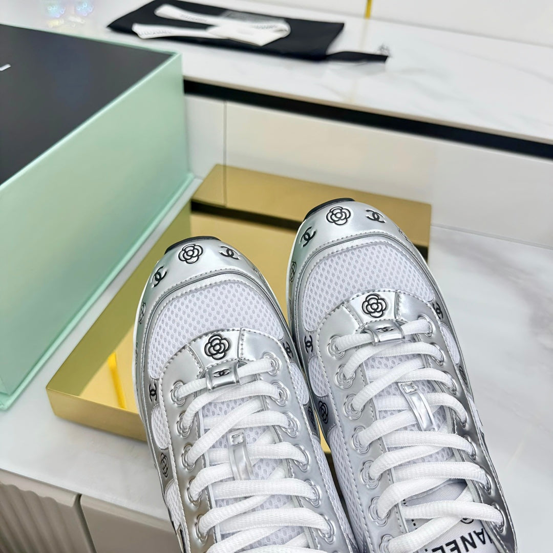 Chanel Silver - Toned Sneakers with Camellia and CC Logo
