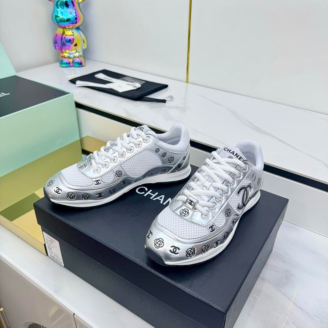Chanel Silver - Toned Sneakers with Camellia and CC Logo