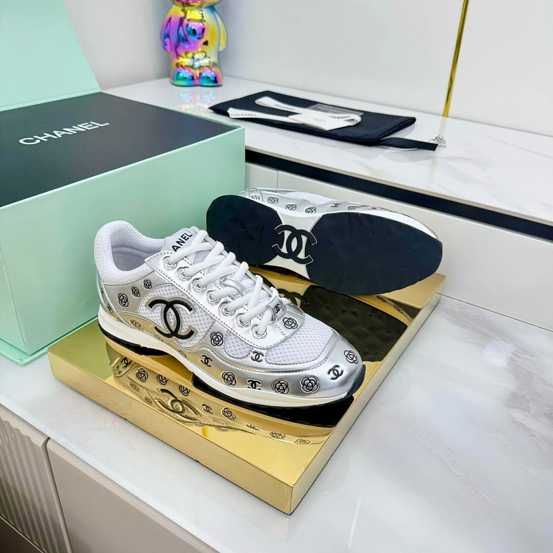 Chanel Silver - Toned Sneakers with Camellia and CC Logo