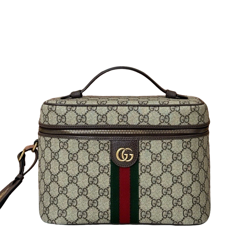 Gucci Beige and Ebony GG Supreme Canvas Top Handle Vanity Case with Web Stripe 811489