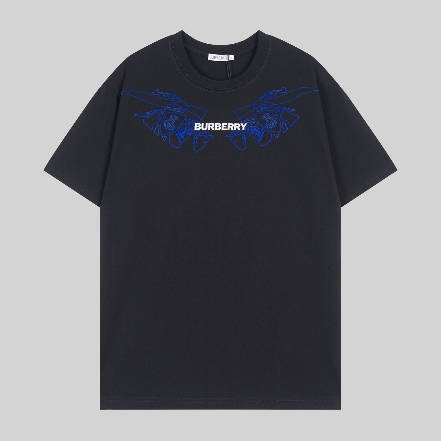 Burberry White/Black/Gray T - Shirt With Blue Equestrian Knight Graphic And Brand Logo