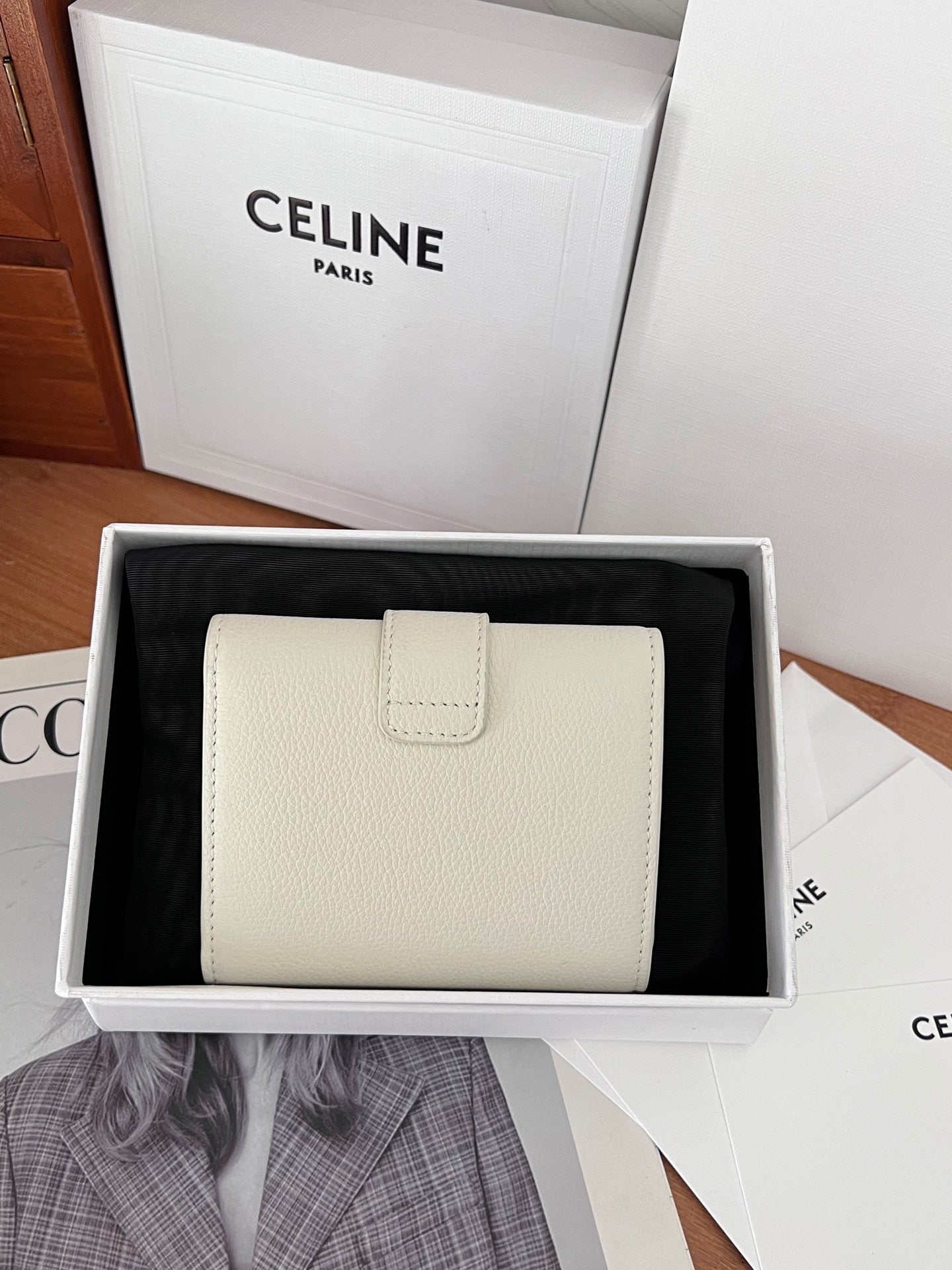 Celine VICTOIRE Triomphe Beige Leather Compact Wallet With Gold Hardware 100963