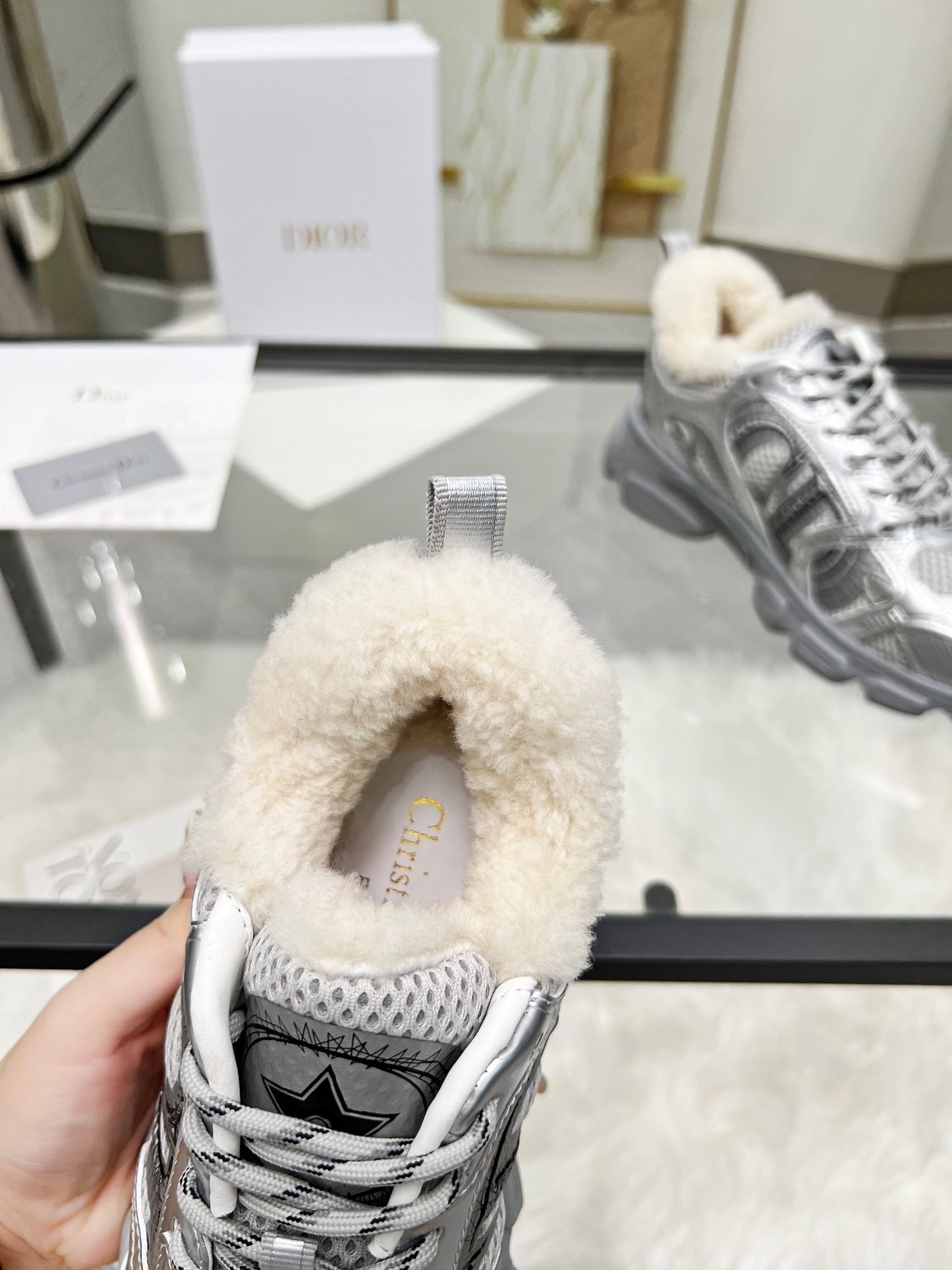 Women's Dior Silver Sneakers With Cozy Fleece Lining