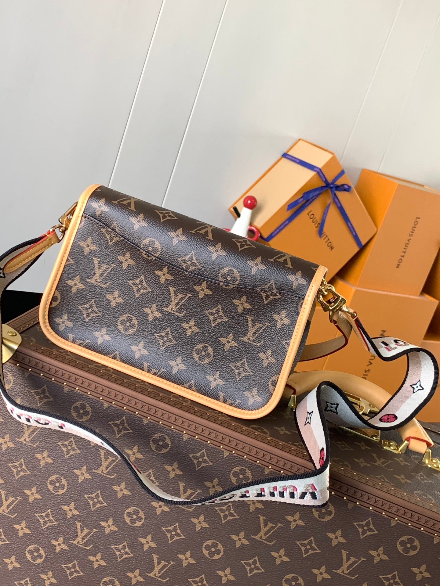 Stylish Louis Vuitton Monogram Crossbody Bag With Colorful Webbing Strap And Buckle Detail