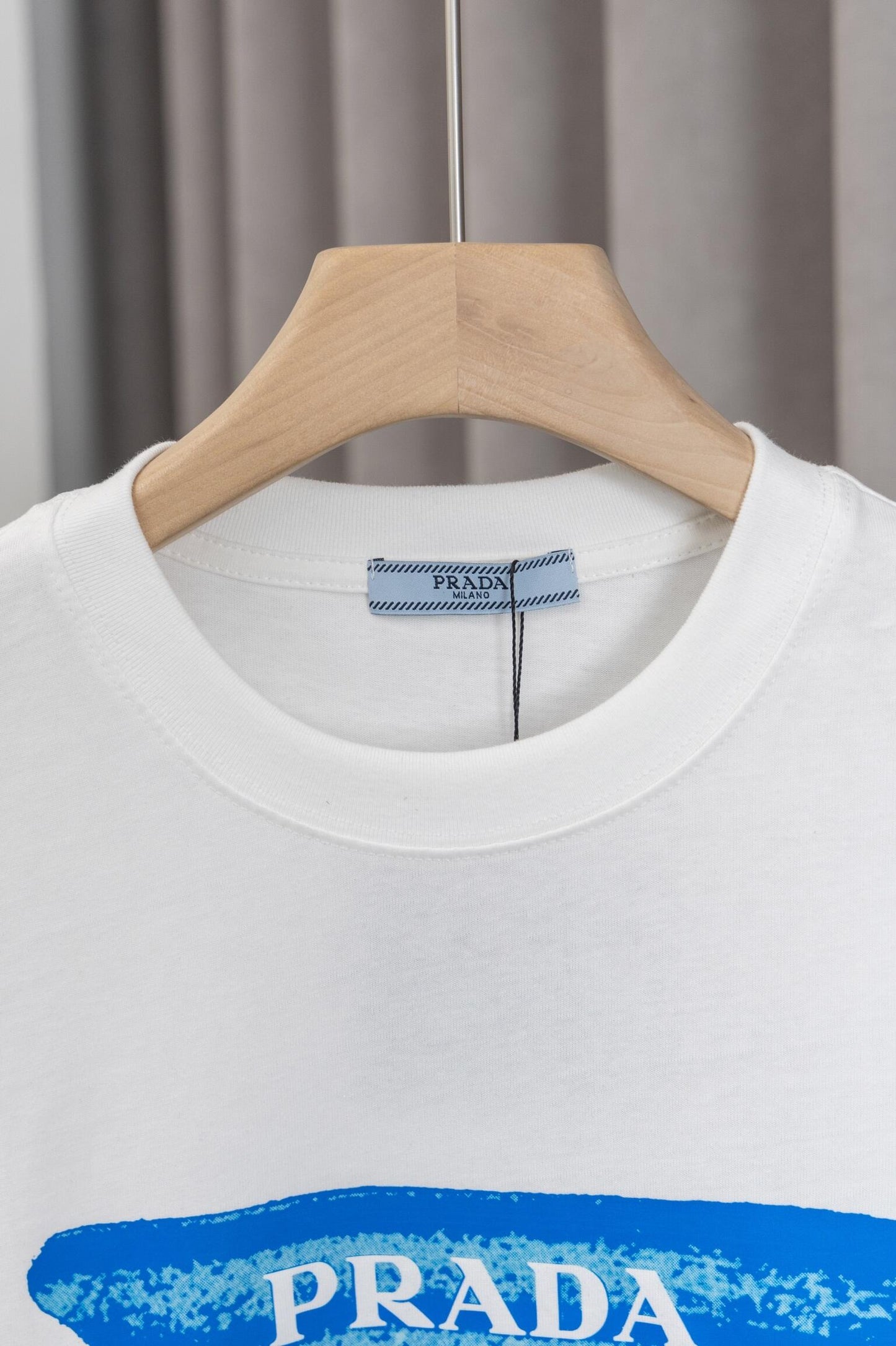 Prada White/Black Tee With Blue Graphic Logo For Modern Luxury Casual Looks