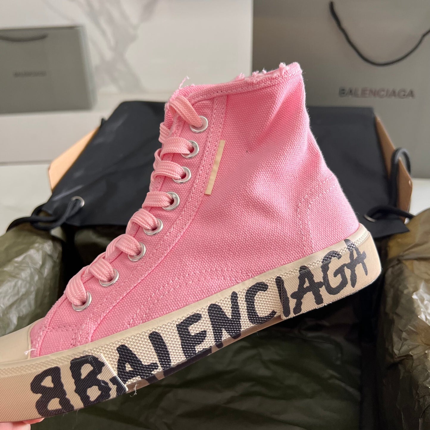 Balenciaga Pink High-Top Canvas Sneakers with Brand Logo Sole for Luxury Street Style