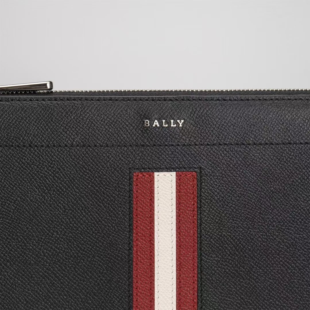 Black Bally Leather Clutch With Signature Striped Accent And Wrist Strap For Sophisticated Style No.1825