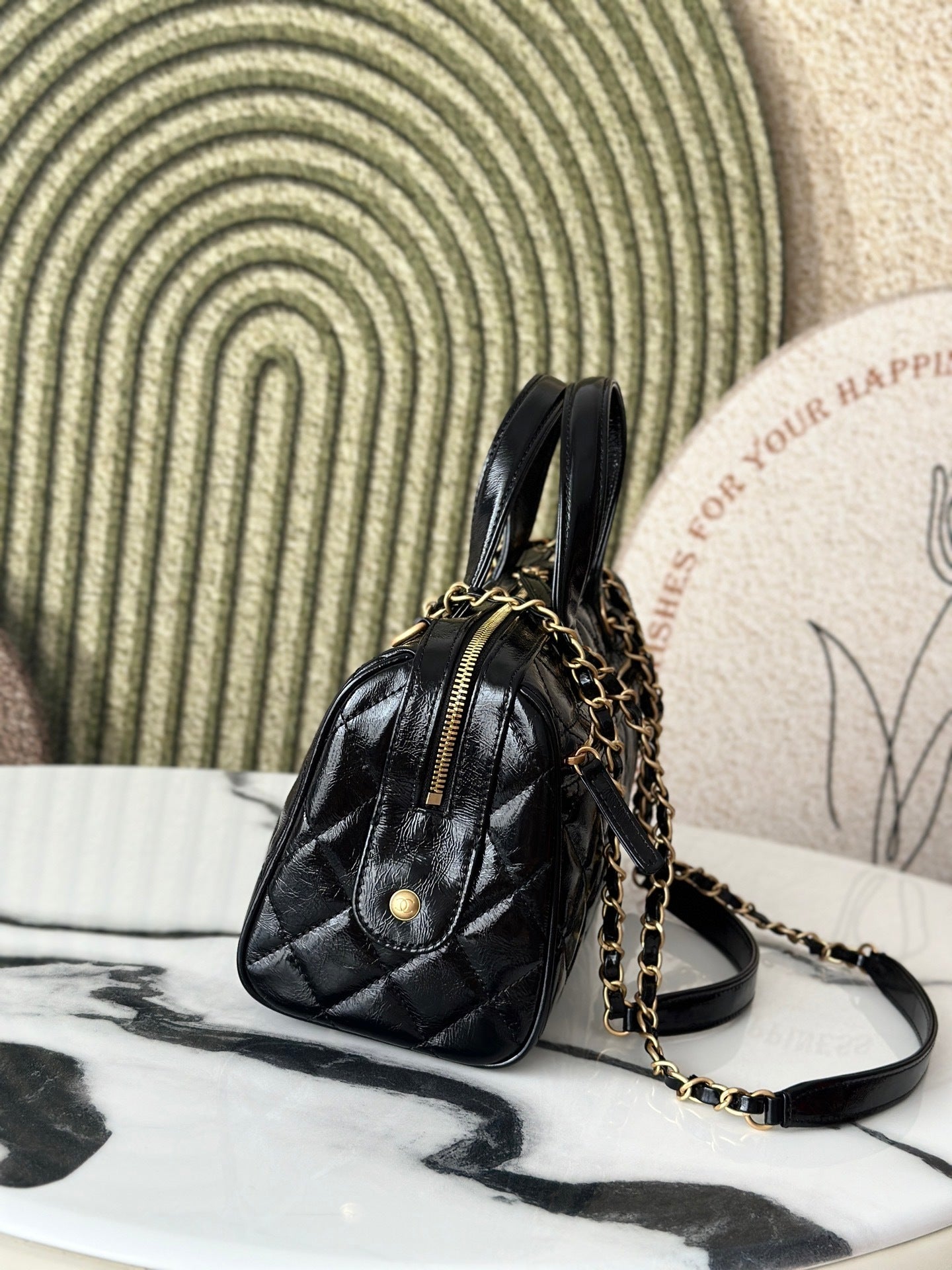 Chanel Maxi Black Patent Leather Quilted Bowling Bag With Gold Hardware And CC Logo 3355