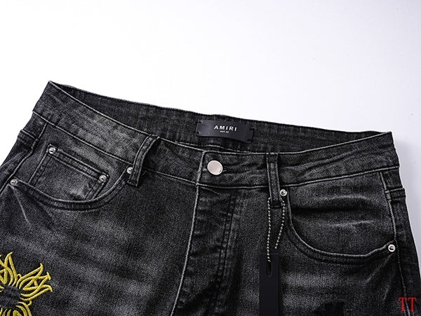 Amiri Dark Grey Distressed Jeans With Vibrant Embroidered Designs