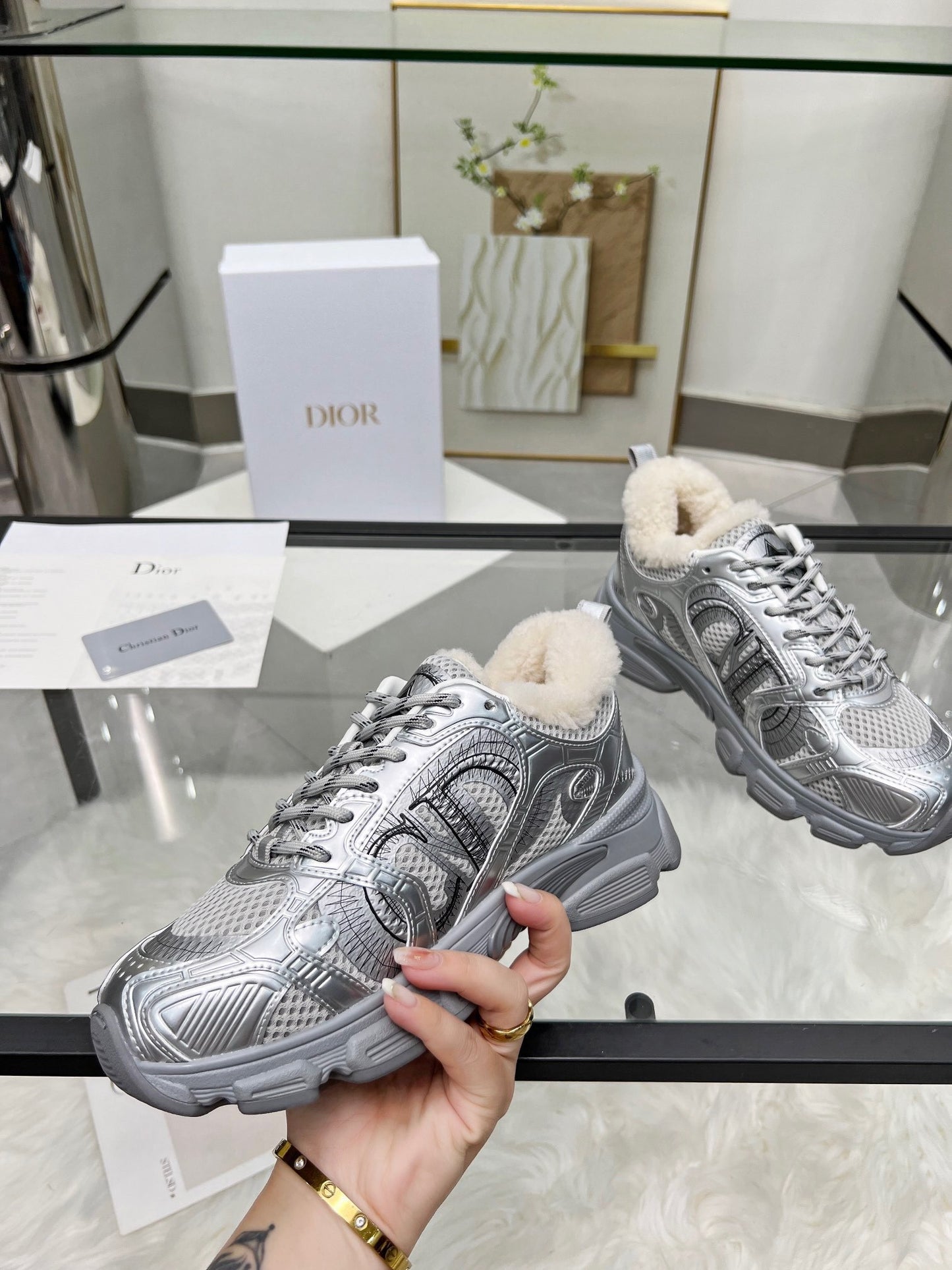 Women's Dior Silver Sneakers With Cozy Fleece Lining