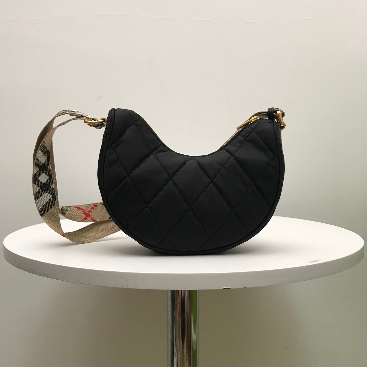 Stylish Black/Red Quilted Burberry Crescent Bag With Checkered Strap And Gold Logo Style No.235