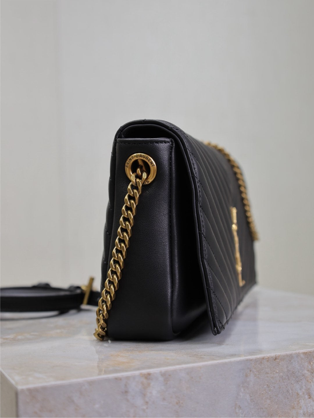 YSL Kate Black Quilted Leather Chain Crossbody Bag with Gold Logo 604276