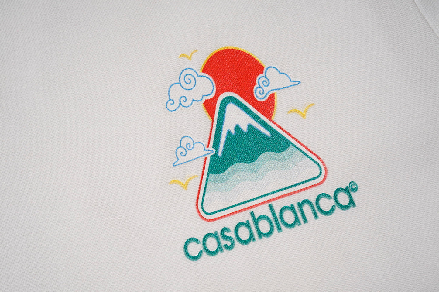 Casablanca White/Black/Green T - Shirt With Colorful Mountain Sun And Brand Logo Graphic