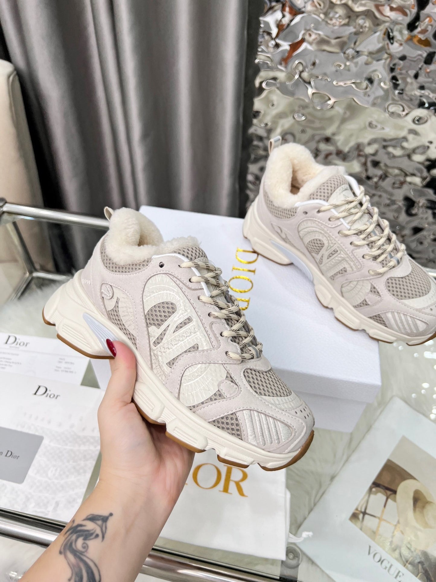 Women's Dior Beige Sneakers With Warm Fleece Lining