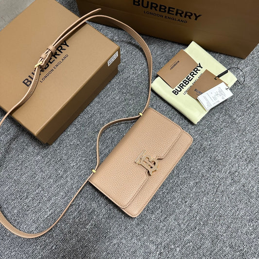 Elegant Light Blue/Brown/Pink Burberry Crossbody Bag With Signature TB Logo And Textured Leather Style No.9141