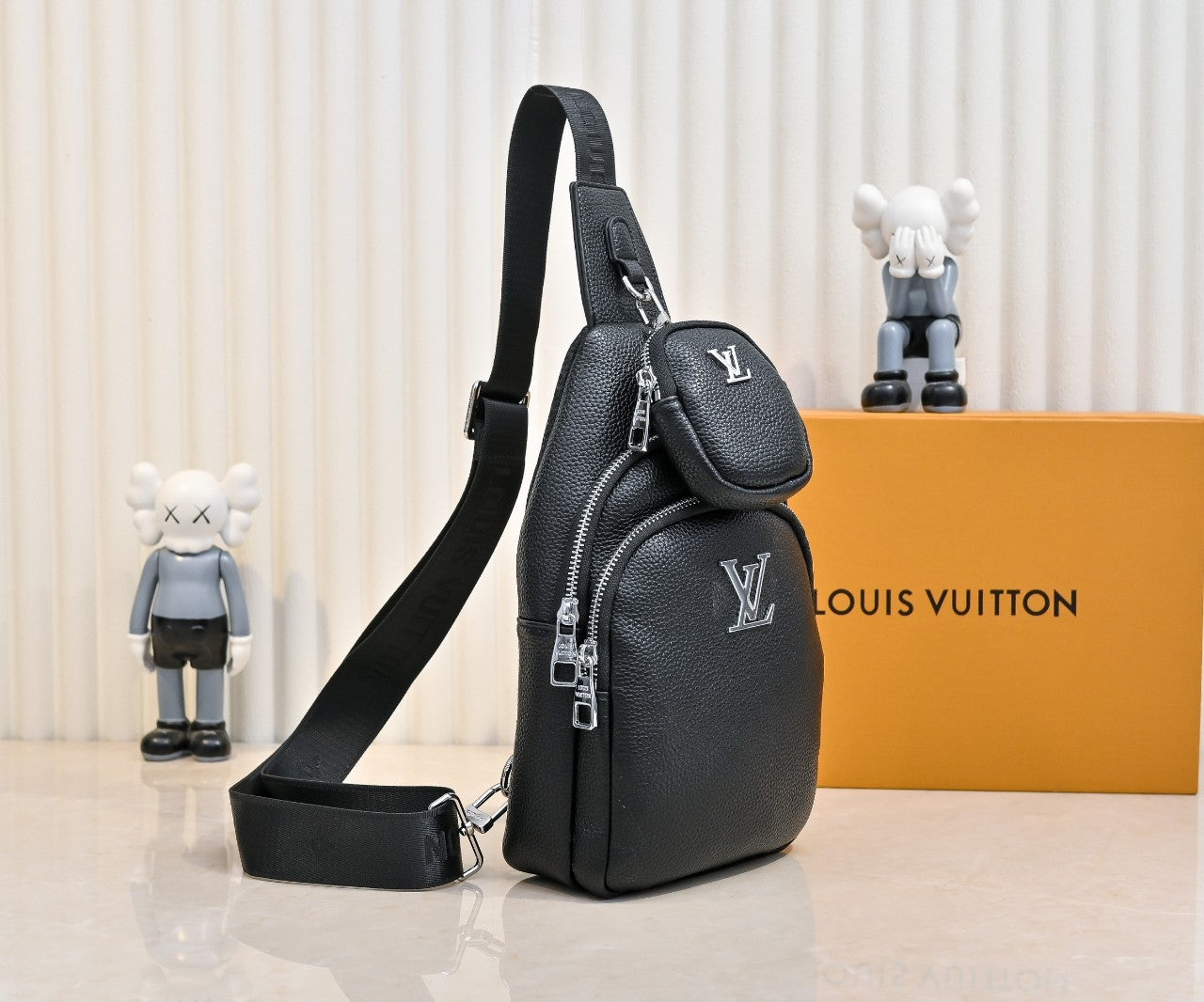 Luxury Louis Vuitton Black Leather Sling Bag with Signature Logo and Stylish Design