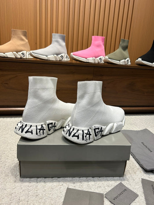 Balenciaga Unisex Sock Sneakers Stylish White Design with Graffiti Detail for Fashion Enthusiasts