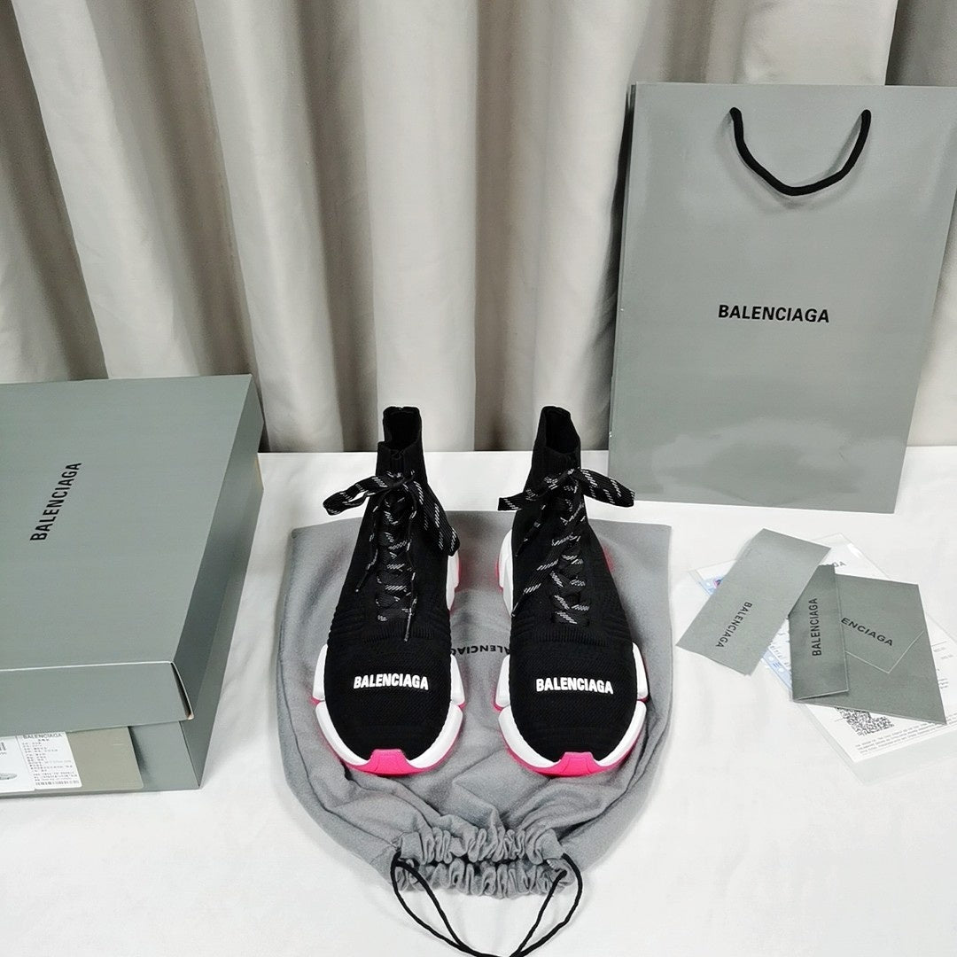 Balenciaga Unisex Black Pink Accent Lace-up Sock Sneakers Fashion Statement for Men and Women