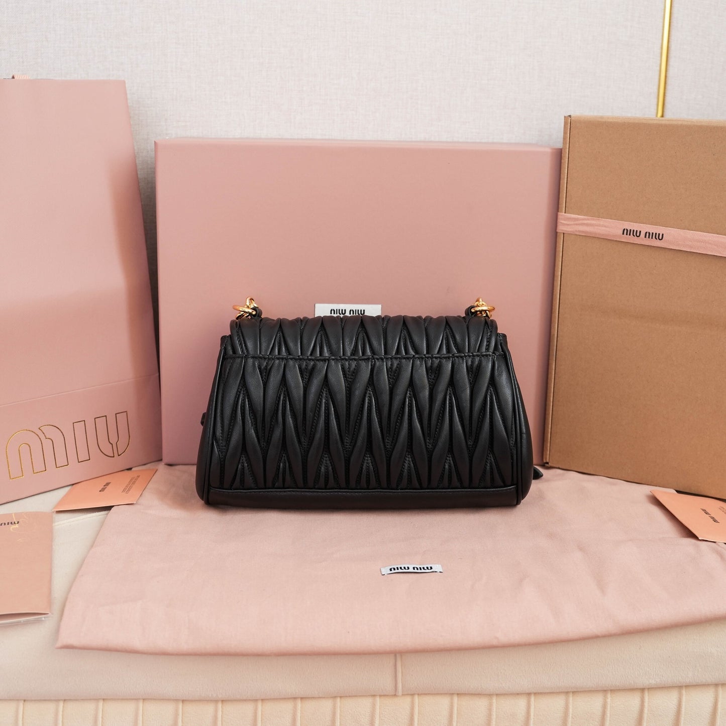 Miu Miu Black Quilted Leather Crossbody Bag With Gold Chain Strap 5BD266