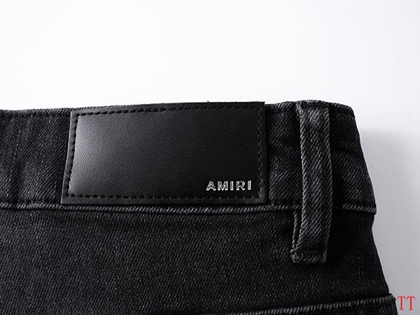 Amiri Black Distressed Jeans With Plaid Patches And Paint Splatters