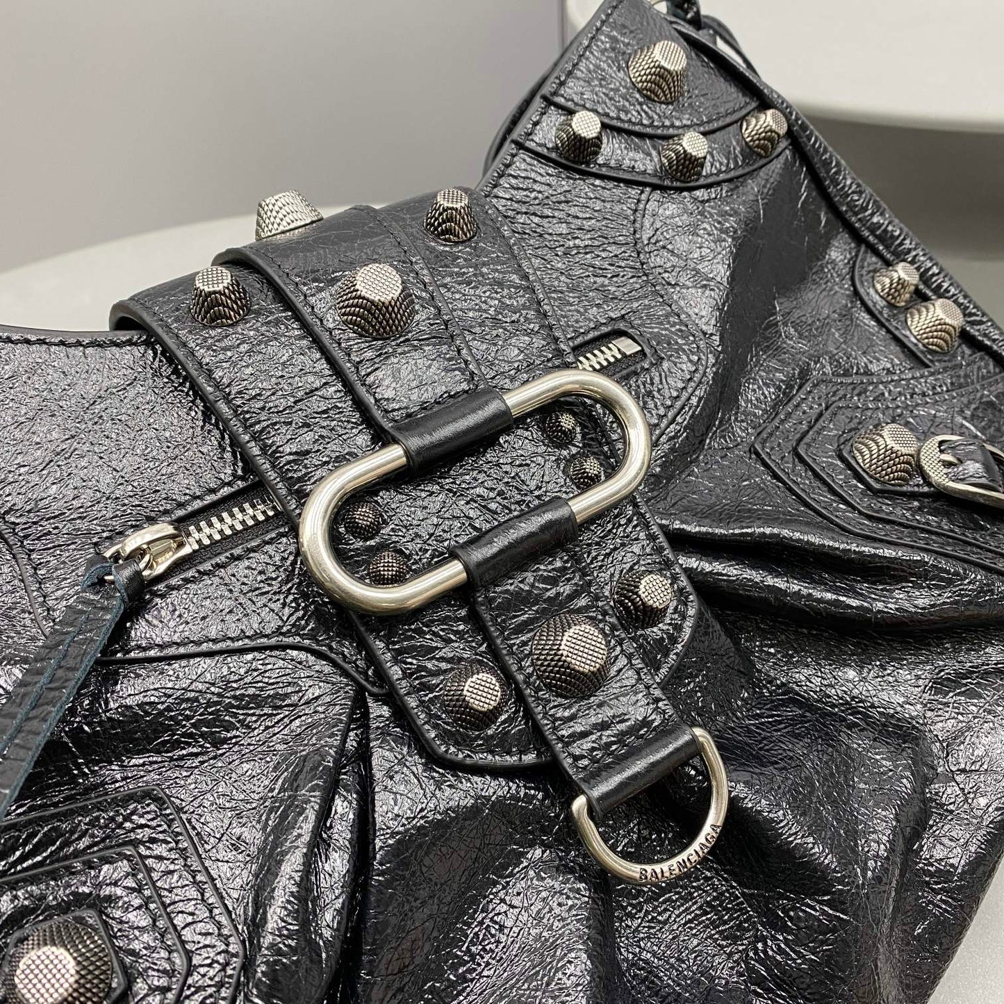 Black Balenciaga Studded Hobo Bag with Heart - Shaped Charm and Mini Pouch for Edgy Fashion Style No.3725