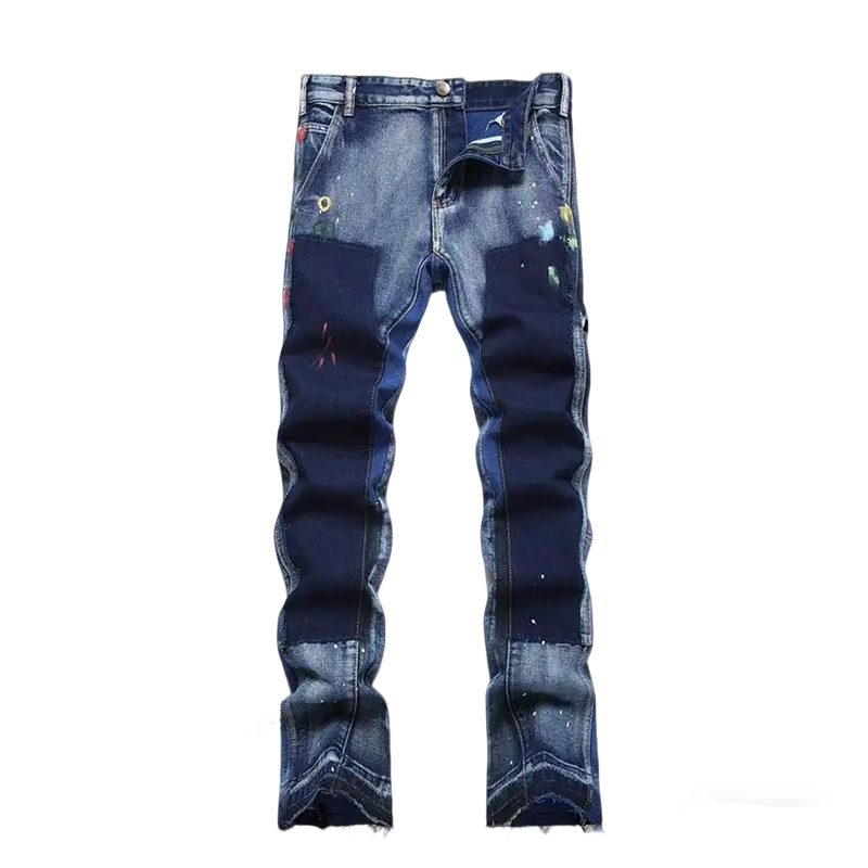 Off - White Men's Jeans With Artistic Paint Splatter And Patchwork Design