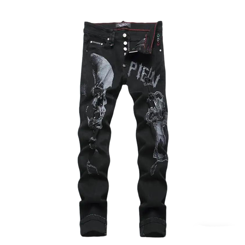 Philipp Plein Men's Black Jeans With Skull Graphic And Edgy Detailing