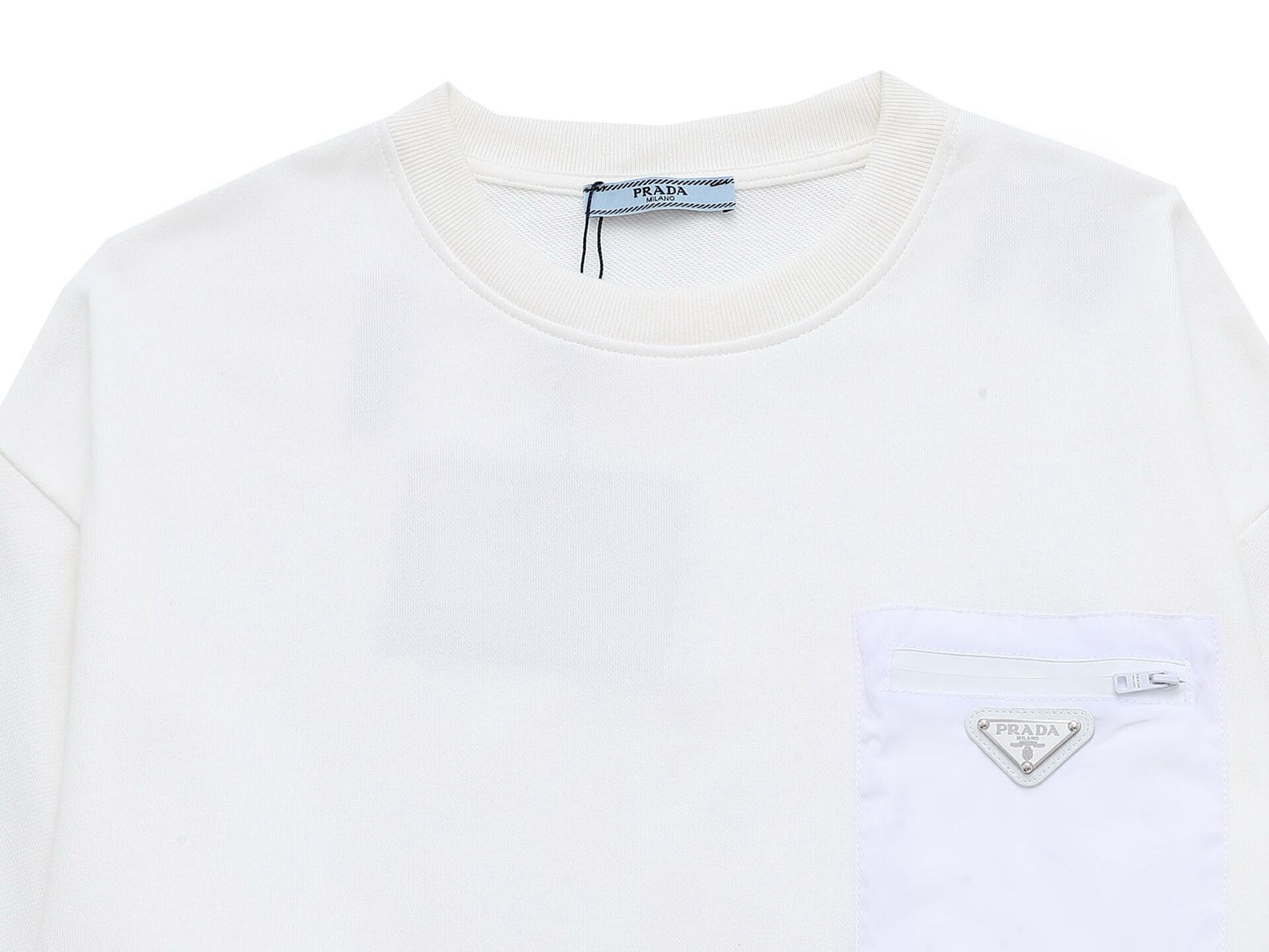 Chic Prada White Crew Neck Sweatshirt With Signature Pocket Detail For Fashion Fans