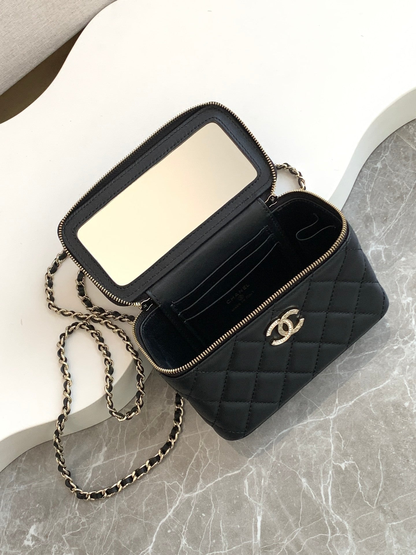 Chanel Classic Vanity Case Black Quilted Leather with Chain Strap AP4494