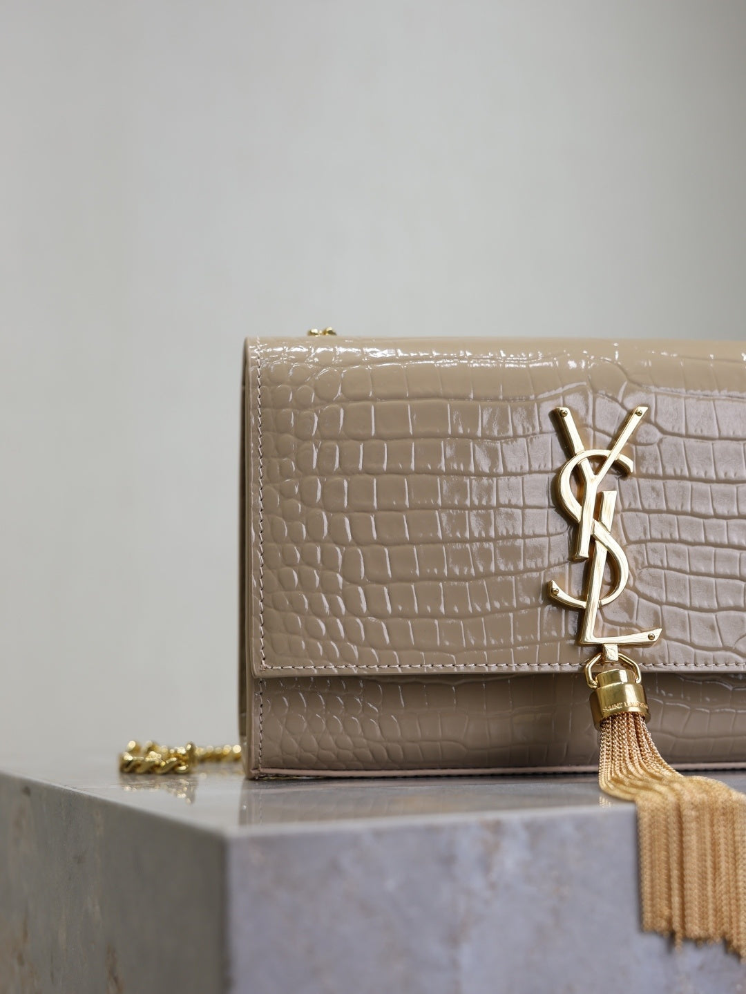Chic Beige Croc - Embossed YSL KATE Crossbody Bag with Tassel 469390