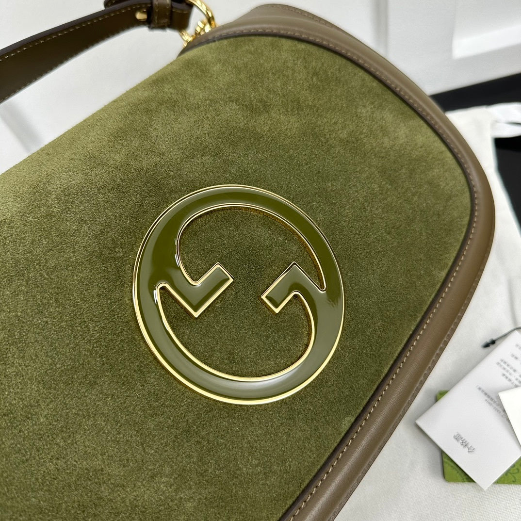 Gucci Olive Green/Brown Suede Shoulder Bag With Gold Tone Interlocking G Logo And Leather Trims