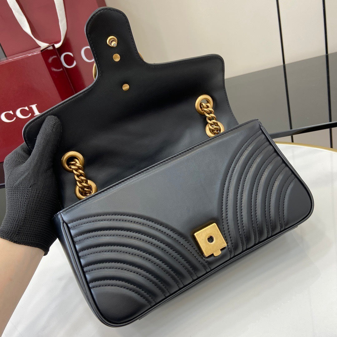 Gucci Black Matelassé Leather Shoulder Bag With Gold - Tone Double G Hardware And Chain Strap 443497